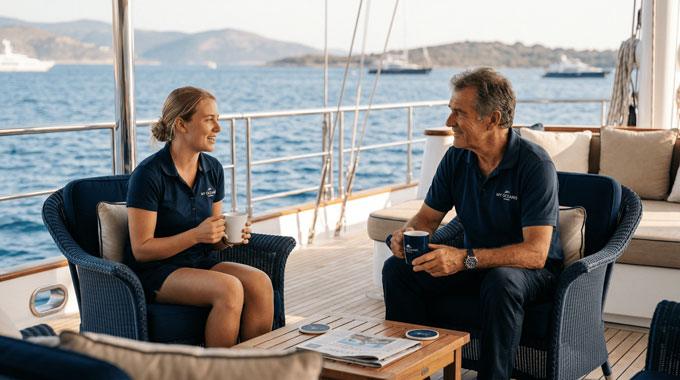 Two crew members having a conversation on a yacht deck