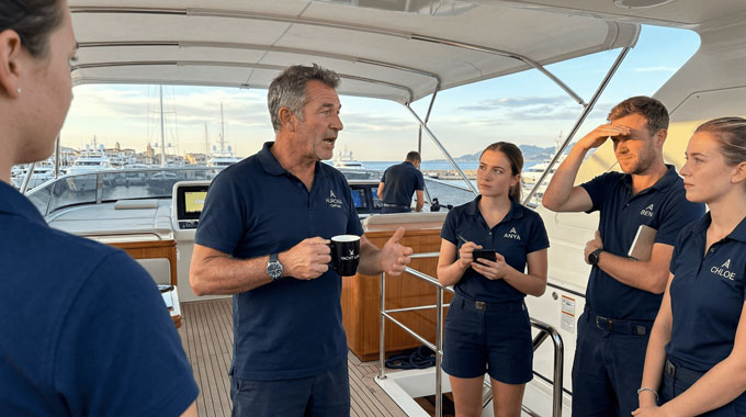 Experienced crew member guiding a newcomer on deck