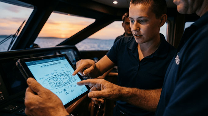 Crew using navigation equipment on board