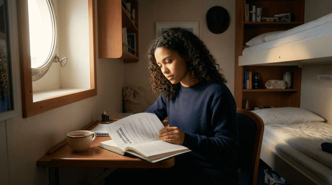 Crew member studying documents in a yacht cabin